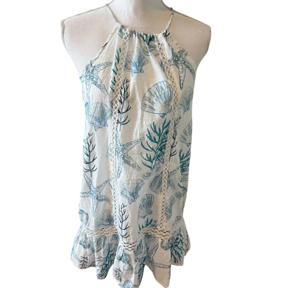 Blue Island Seashell Halter Cover Up Dress White Blue XS